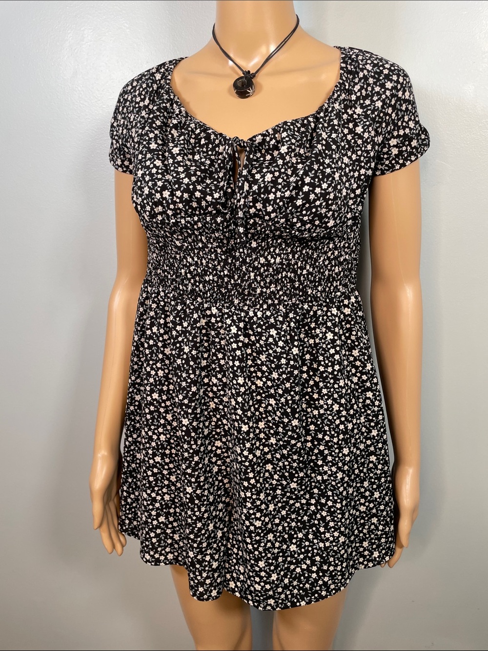 Black Floral Smocked Waist Short-Sleeve Romper - Women